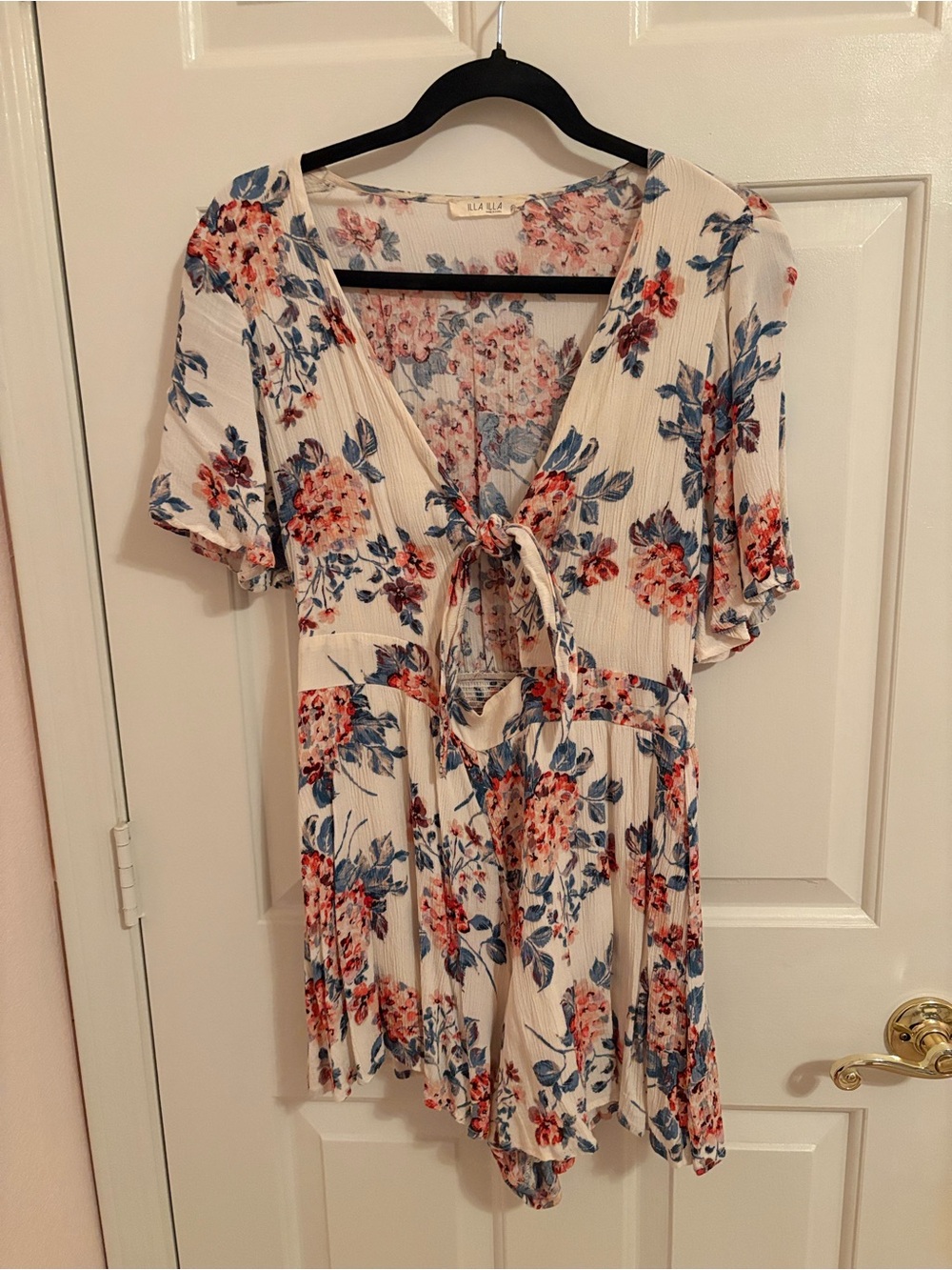 ILLA ILLA Cream Floral Tie-Front Romper with Blue & Coral Blooms